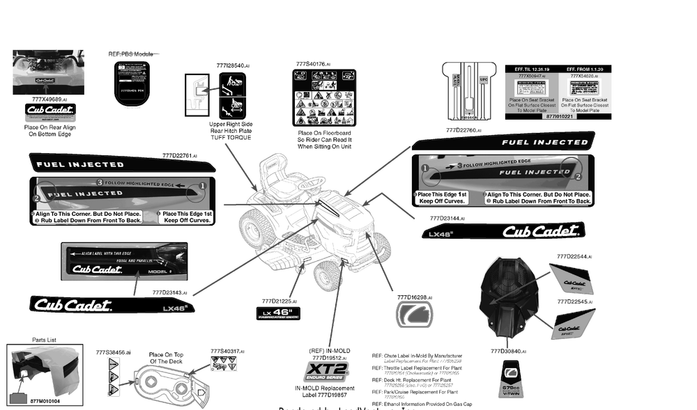 Label Map Diagram and Parts List for XT2-LX46EFI (13AZA1CN010)(2020) Cub Cadet Lawn Tractor